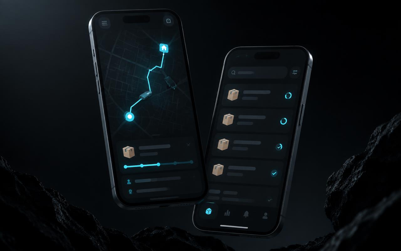 Two phone screens showing a dark delivery tracking app with a live route map