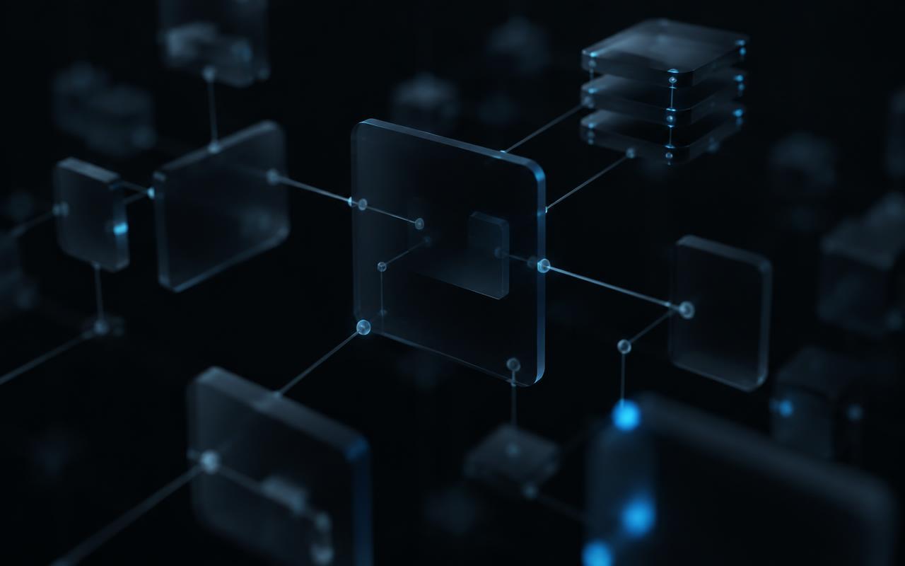 Abstract dark visualization of connected software service nodes