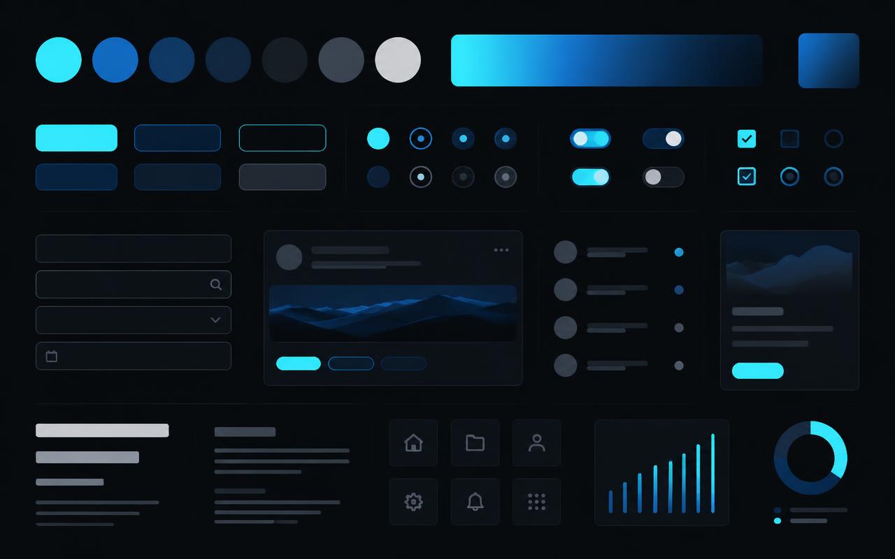 Dark UI design system board with components, colour swatches and type specimens
