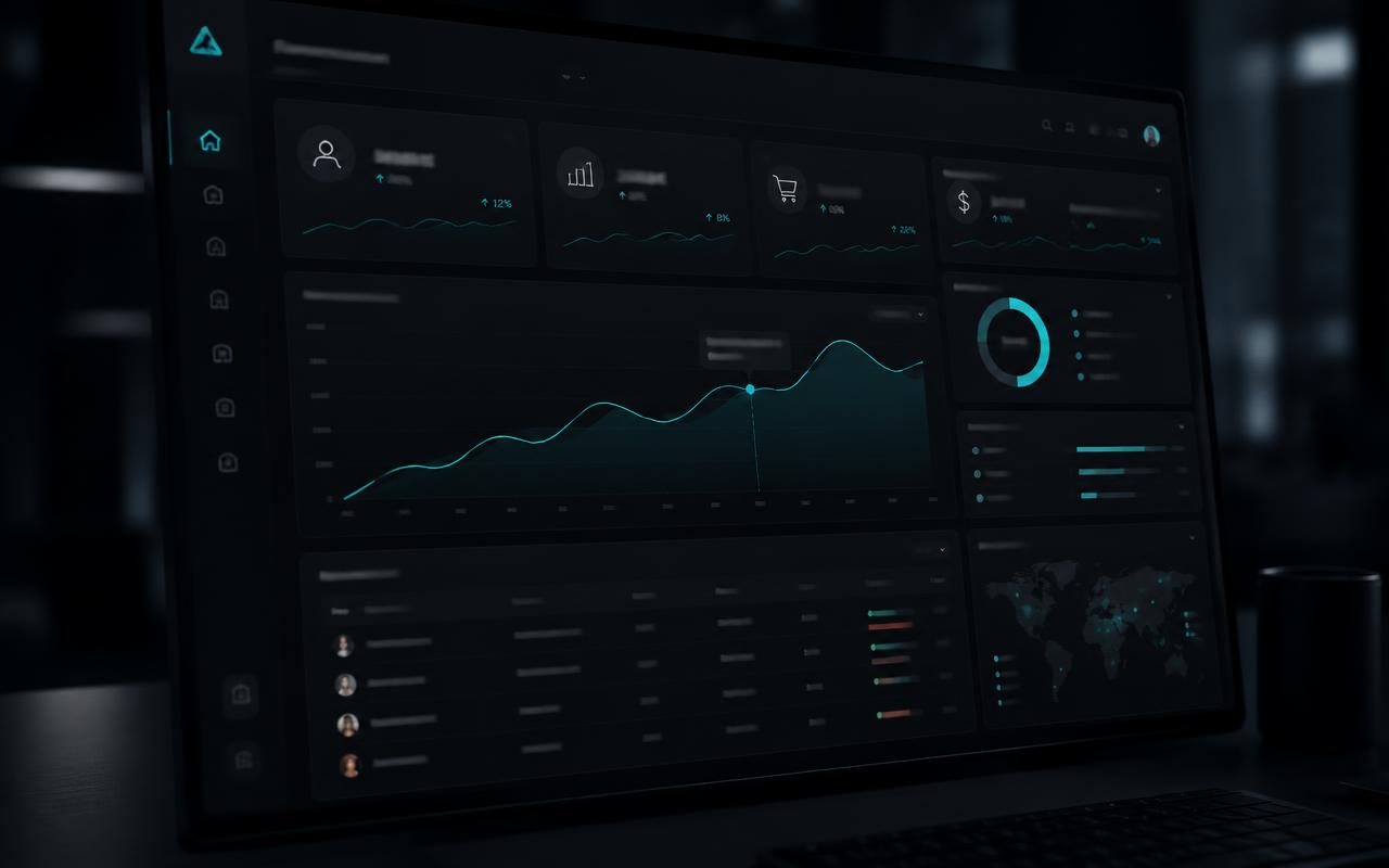 Dark analytics dashboard interface with line charts and data tables